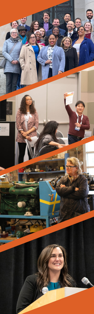 group shot with Graduate Tacoma partners outside government building, Min and Soleil giving a presentation, Mary looking at ship-building materials, Jayme speaking at a podium